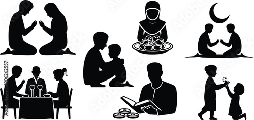 Islamic family activities during holy month silhouettes showing prayer meal time and education