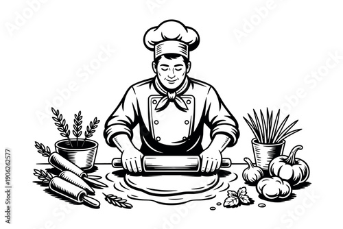 A chef in a kitchen preparing dough with various ingredients and utensils around him.