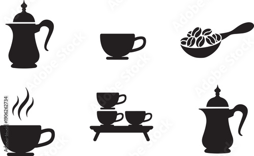 Middle eastern coffee pot, steaming cup, and traditional beverage service set vector illustration