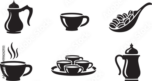 Traditional Arabic coffee culture icons set with dallah pots coffee beans and ceramic cups