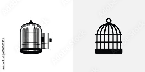 Black birdcage silhouettes with one open door prison