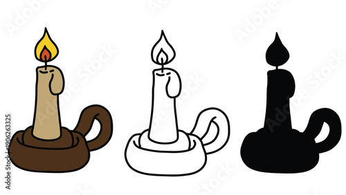 Three different styles of a lit candle in a holder.
