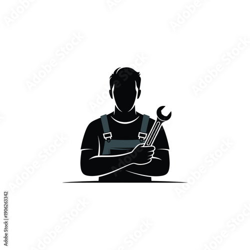 Black Silhouette Worker Holding Wrench tool overalls