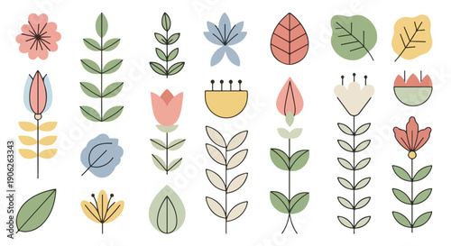 Flat lay of various colorful floral and leaf illustrations on a white background.
