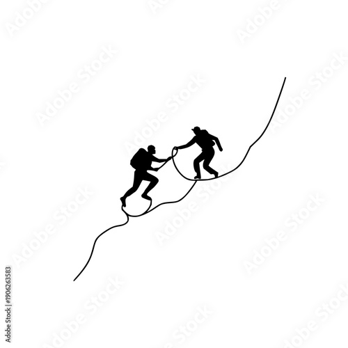 Mountain climbing teamwork silhouette illustration showing two climbers assisting each other up the slope with a rope