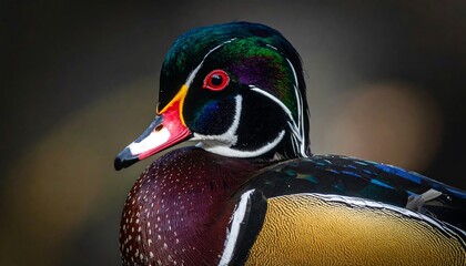 Close up of a colorful wood duck against a blurred dark background