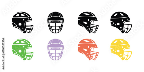 Eight Colored Football Helmets in Two Rows sports equipment