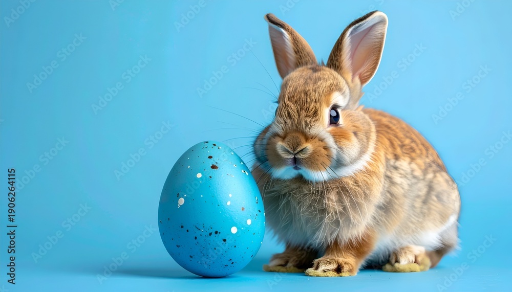 Obraz premium A fluffy brown rabbit sits next to a speckled blue egg against a vibrant blue background