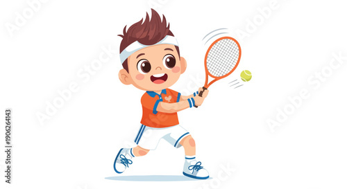 Cartoon boy playing tennis with racket and ball in mid-action on white background.