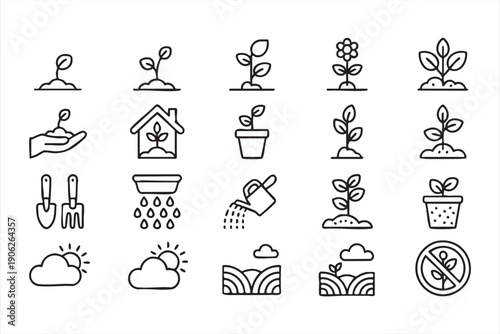 Black and White Gardening Line Icons Set for Plant and Nature Design