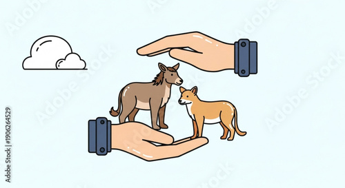 Hands cradling a dog and a cat under a sunny sky with clouds symbolizing care and protection