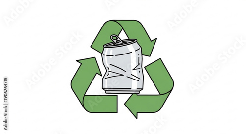 Crushed aluminum can in a green recycling symbol on white background representing eco friendly practices and waste management
