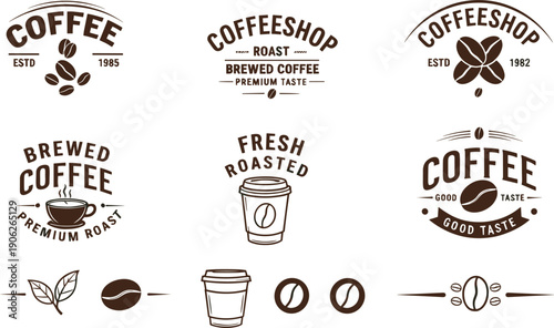Premium vintage coffee shop badge set featuring roasted beans espresso cups and rustic typography for cafe branding and packaging