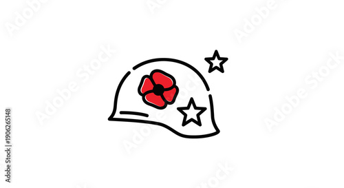 A poignant black outline illustration of a military helmet adorned with a red poppy and two stars