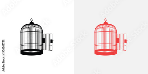 Two birdcages with open doors in black and red bird cage