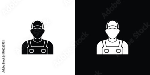 Worker Silhouette in Overalls with Cap on Black and White Background