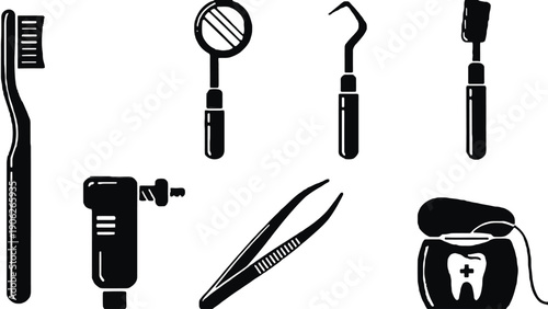 Dental tools icon set including toothbrush and mirror silhouette illustrations