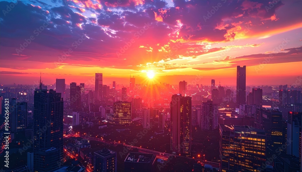 Obraz premium Vibrant sunset bathes a cityscape in warm hues, with skyscrapers silhouetted against the sky