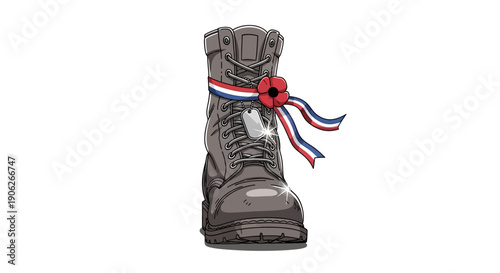 Solemn military boot with red poppy and patriotic ribbon symbolizing remembrance and sacrifice for