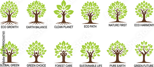 Comprehensive set of eco-friendly green tree logos featuring various leaf styles and root systems for environmental sustainability and corporate social responsibility branding