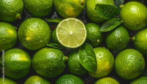 A vibrant arrangement of limes including one halved lime, surrounded by fresh green leaves