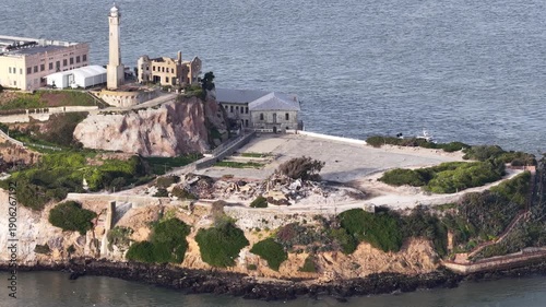 Alcatraz Island prison and lighthouse in San Francisco Bay, California, helicopter view. g.