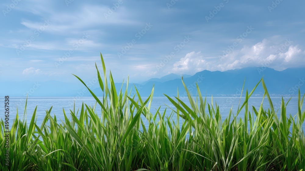Obraz premium Lush Green Grass Along a Serene Lake with Majestic Mountains in the Background Under a Blue Sky with Soft Clouds