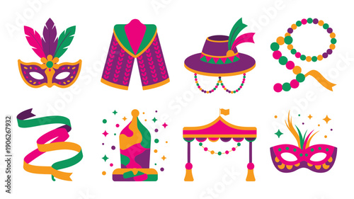 Festival costume icons with masquerade mask vest hat bead necklace streamers jester hat and carnival tent for party celebrations