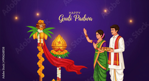 Traditional Gudi Padwa festival celebration with praying Indian couple ritual gudi decoration sacred kalash flowers and joyful Hindu New Year evening background