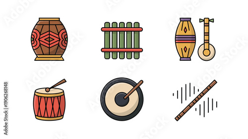 Traditional folk percussion instruments icons, festival drum set, dhol, hand drum, gong, sticks, music celebration, cultural parade, vector illustration
