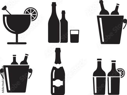 Alcoholic beverage icons for wedding reception with champagne bottles and cocktail glassware