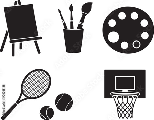 Art studio supplies and sports equipment icons including paint brushes easel and tennis racket