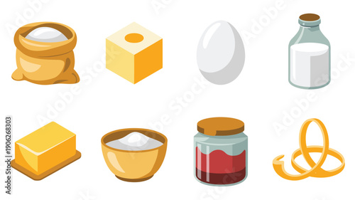 Pantry ingredient icons vector set with butter cubes, mixing bowl, egg, glass bottle, jam jar, pretzel, wooden bowl, bakery illustration