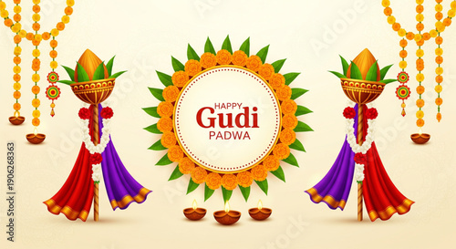 Decorative Gudi Padwa festival background with traditional gudi kalash marigold flowers diya lamps and festive design symbolizing Hindu new year celebration