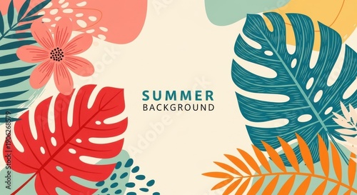 Vibrant summer background with tropical leaves and flowers
