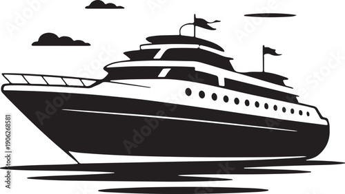 Cruise ship sailing on water, black silhouette on transparent background, ocean liner, travel