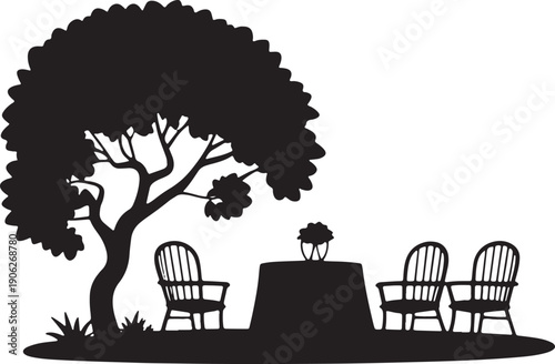 Outdoor seating area, tree, table, chairs, silhouette on transparent background, garden scene