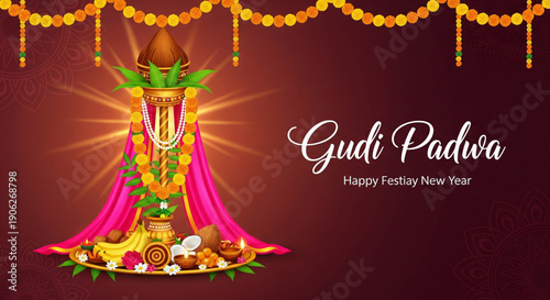 Festive Gudi Padwa vector illustration with decorated gudi kalash flowers fruits diya and traditional hindu new year celebration background