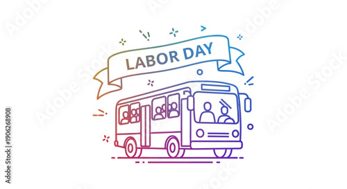 Gradient outline illustration of a public bus celebrating Labor Day with passengers and festive
