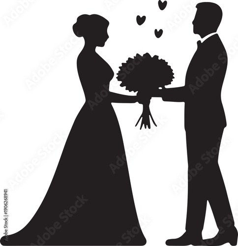 Silhouette of a newlywed couple getting married groom giving bride a wedding bouquet hearts floating above