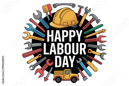 A colorful illustration celebrating Labour Day with various tools and a hard hat