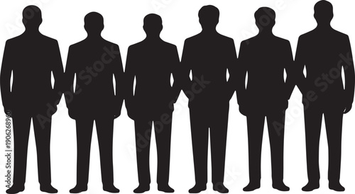 Silhouettes of six men in suits vector illustration isolated on a transparent background