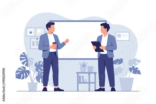 Two businessmen in a modern office discussing ideas in front of a whiteboard