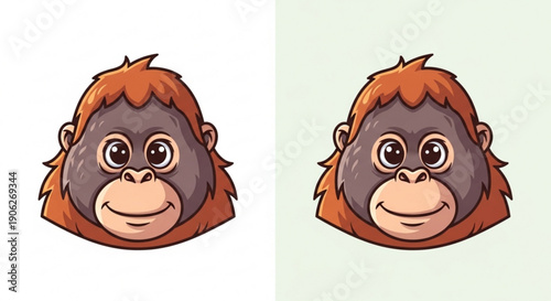 Two cartoon orangutan heads with happy expressions on white and green backgrounds smiling faces
