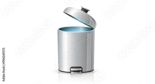 Modern silver trash can with foot pedal and open lid on white background for bathroom or kitchen use