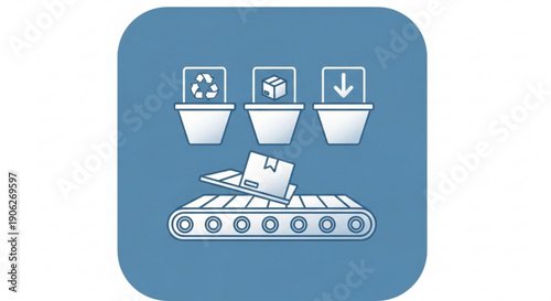 Recycling sorting process conveyor belt with recycle reuse and dispose icons above