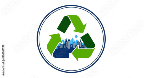 Recycling symbol with cityscape inside representing urban sustainability and eco friendly practices in a circular economy