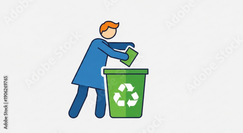 Man throwing paper into green recycling bin with symbol eco friendly waste management concept