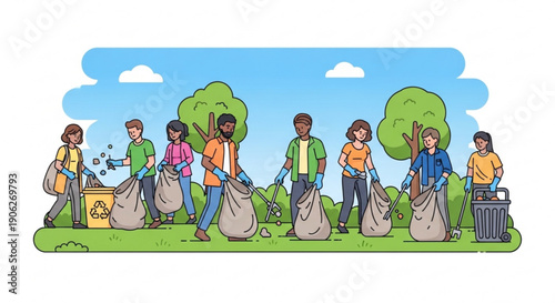 Diverse group of people cleaning up park with trash bags and recycling bins on a sunny day with green trees