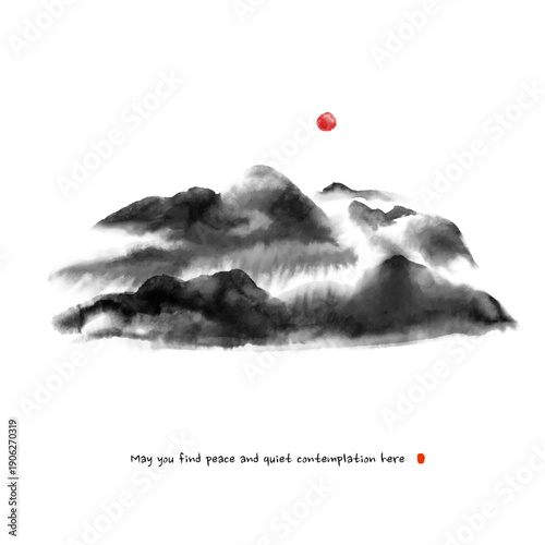 Hand-drawn ink wash painting of sunrise view with distant mountains, mist, and cloud, Featuring traditional brushwork, ink wash effects, and monochrome tones.